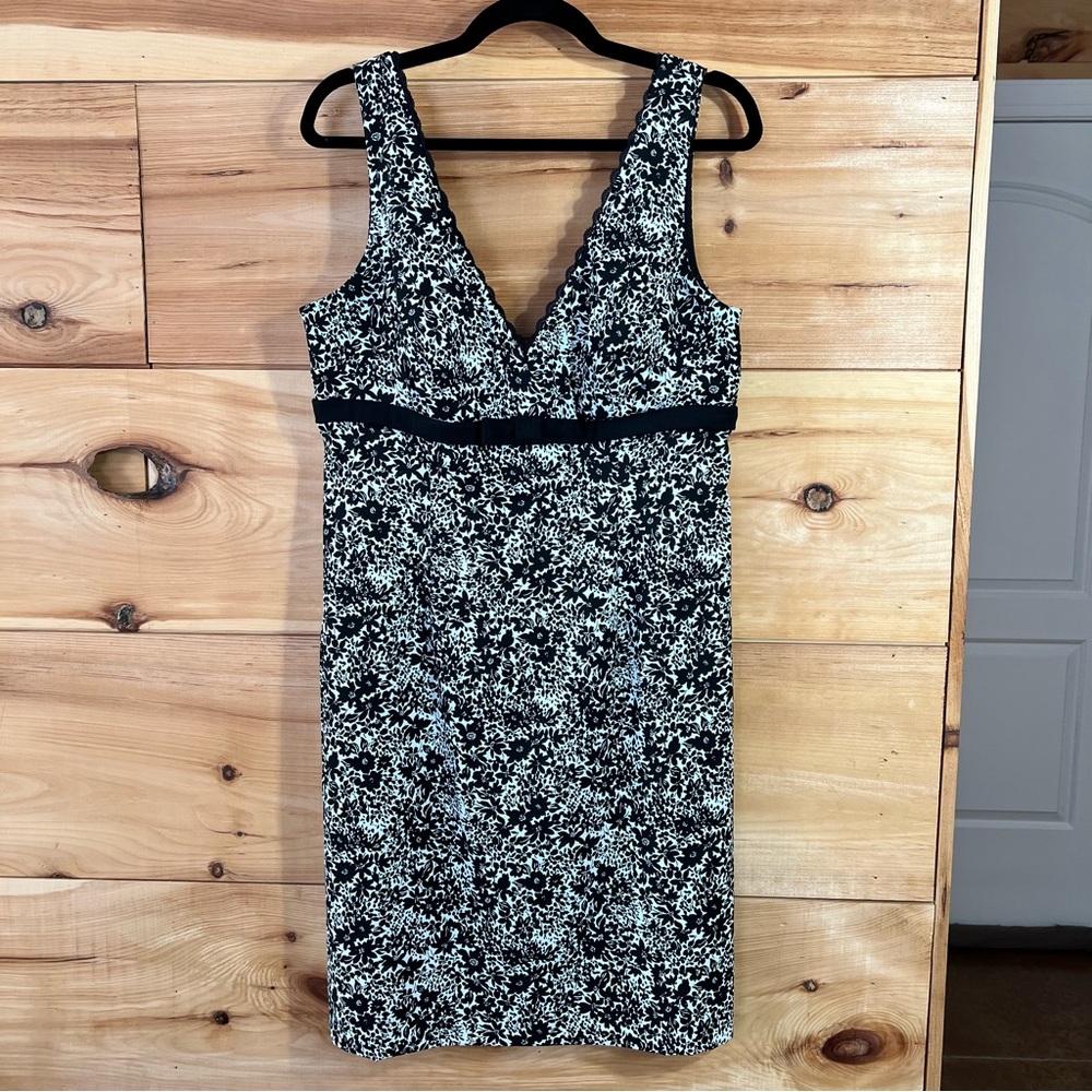 Connected Apparel Black & White Floral Midi Dress w/Lacy Deep V-Neckline